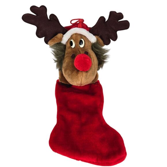 VTG Smithy 3D Plush Red Nose Reindeer Moose 27" Christmas Stocking Santa Hat - Picture 1 of 14
